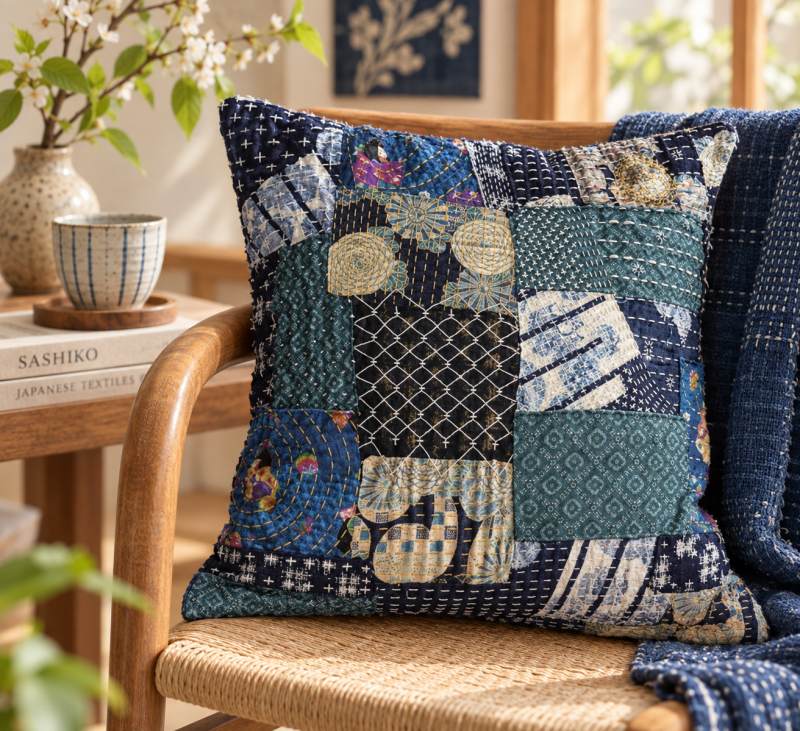 Indigo boro patchwork kussen