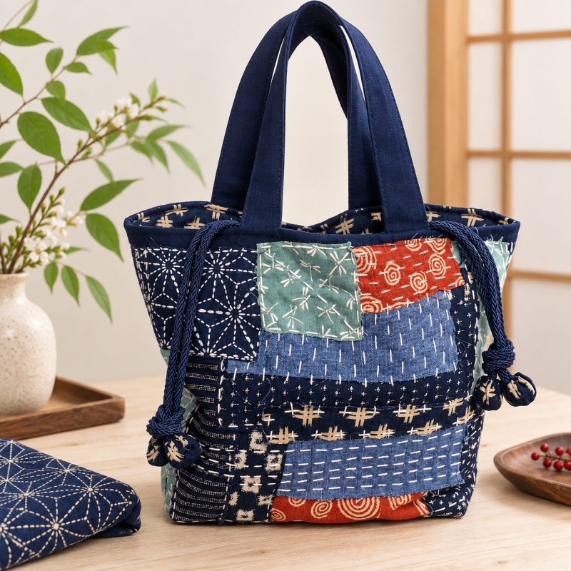 Boro patchwork tote tas in indigo en rood