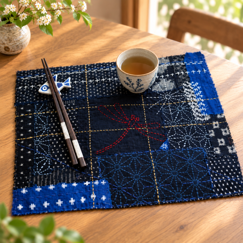 Indigo boro placemat met rode libelle