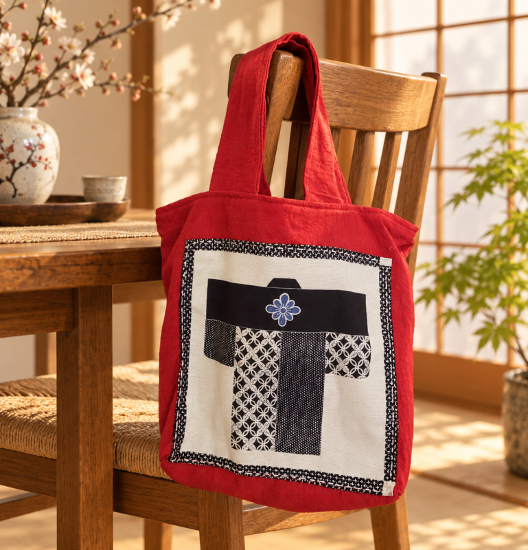 Handgemaakte Japanse tas van Azumino momen met kimono applicatie