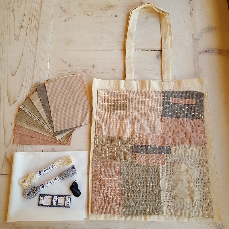 tote bag kit: boro with Japanese taupe/pink