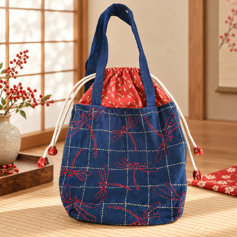 Handgemaakte Japanse tas met sashiko libellen
